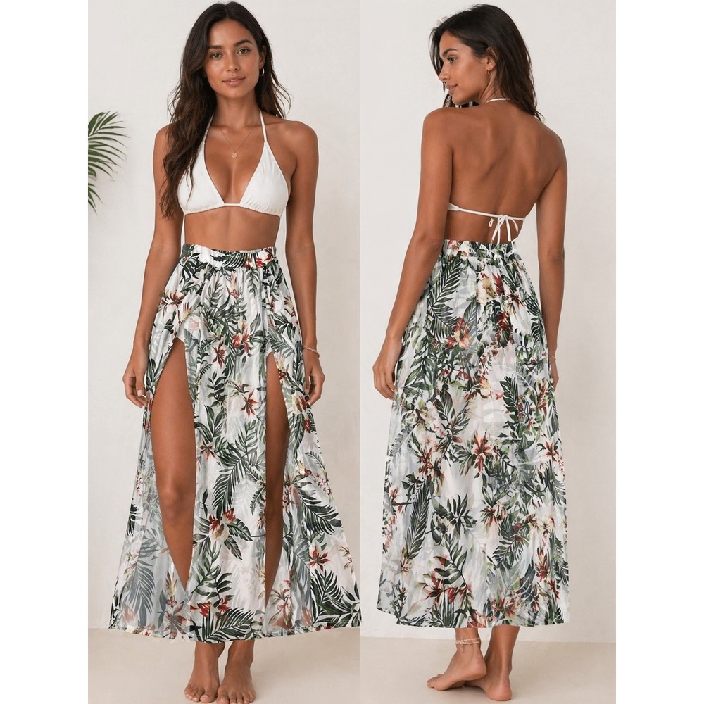 Tropical Floral‎ Maxi Skirt Swim Bottom & Cover Up Boho Beach Vacation White XS